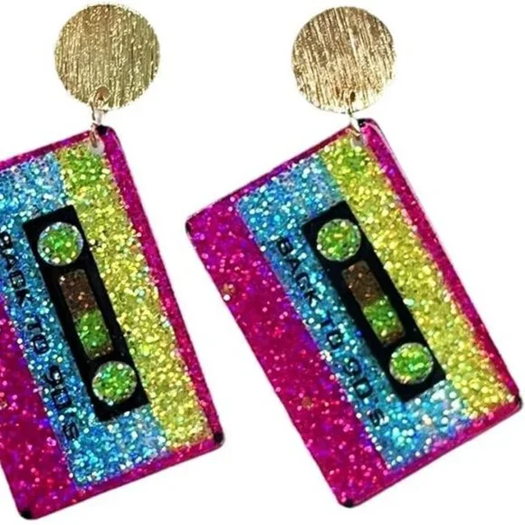 NEW Retro Glitter Cassette Tape Dangle Earrings - Picture 5 of 5
